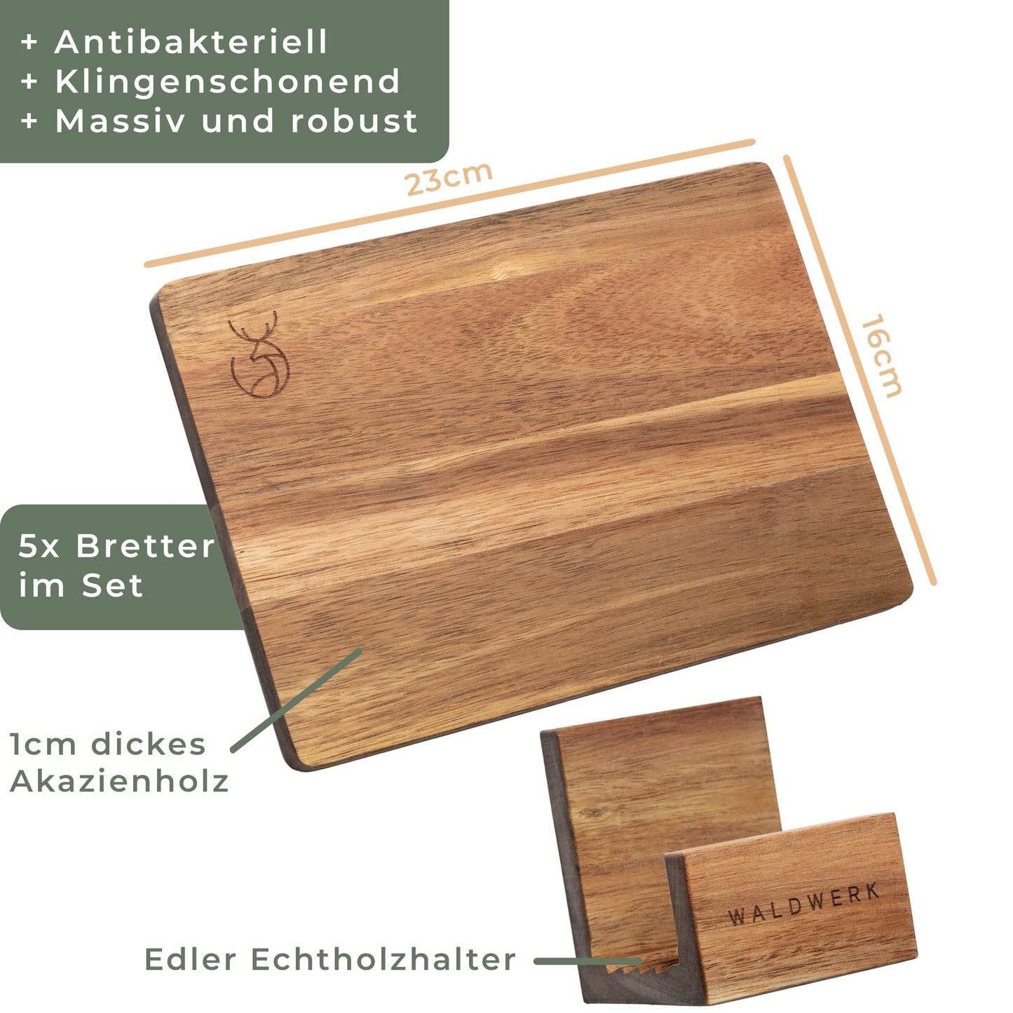 WALDWERK Set of 3 Solid Acacia Chopping Boards (40 x 30 cm / 33 x 24 cm / 26 x 18 cm), with Board Stand, 2 cm Thick Wooden Boards with Juice Groove, Designer Chopping Board Set