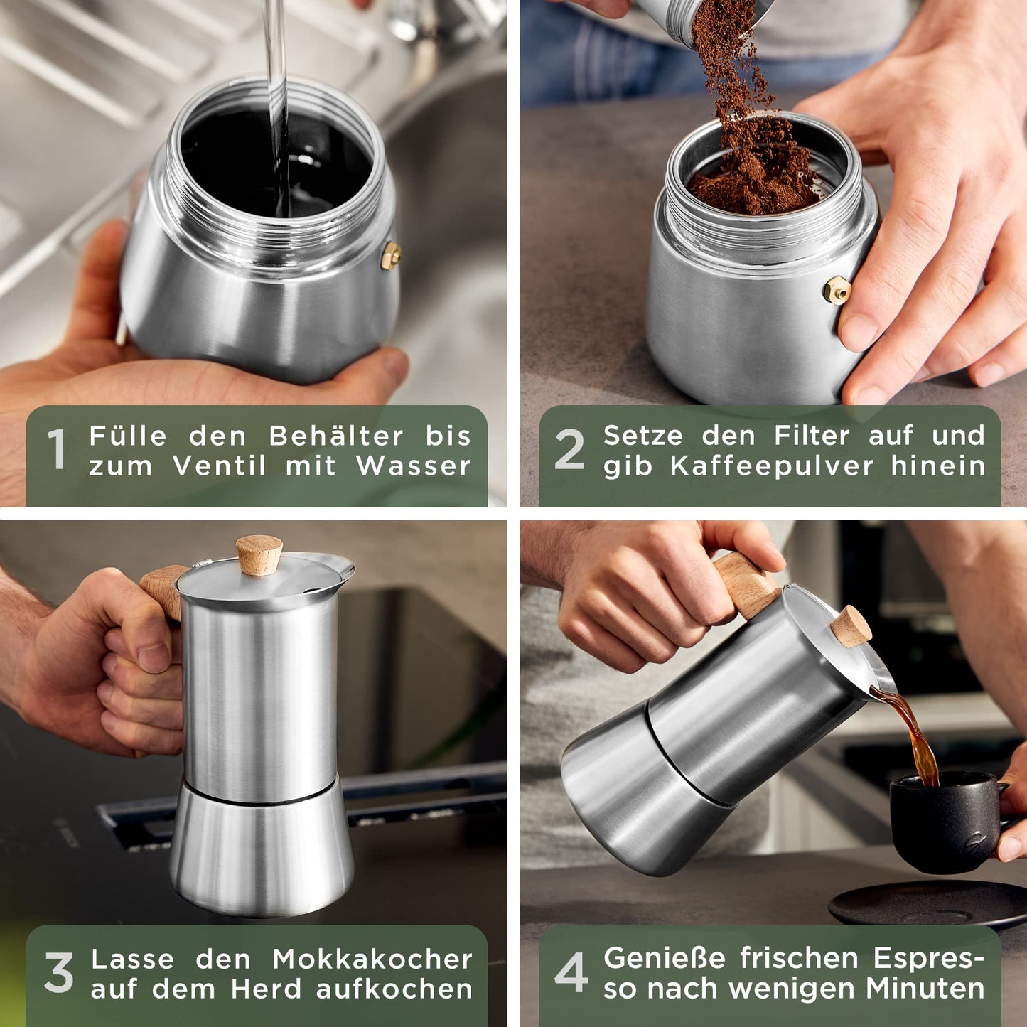WALDWERK Espresso Maker (300 ml) – Espresso Maker Suitable for All Types of Cookers – Stainless Steel Mocha Pot with Wooden Handle Made of Real Oak Wood
