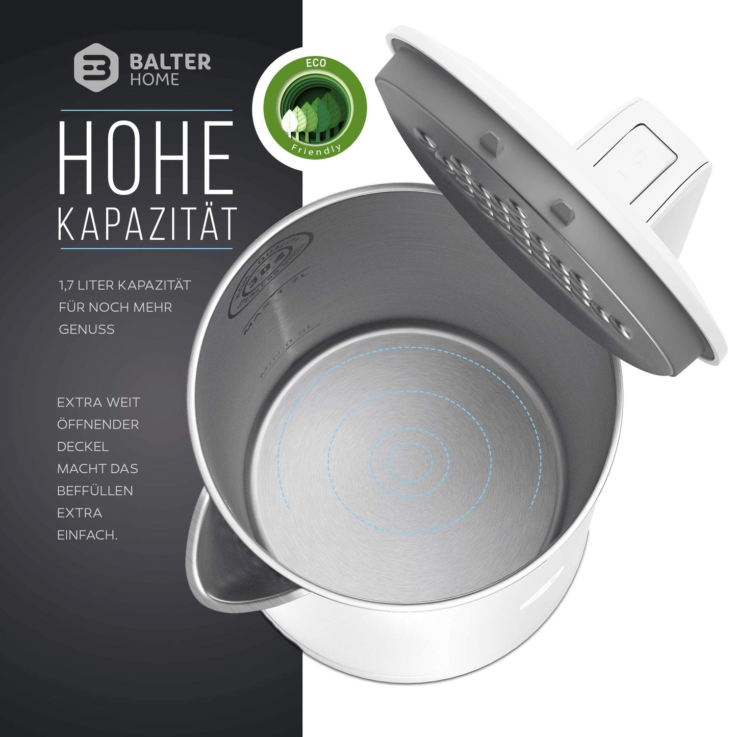 Balter Wasserkocher Edelstahl WK-4, 1,7 Liter, elektrischer Wasserkocher, Doppelwand Design, BPA frei, LED, Teekocher Kompakt, leise (Schwarz)