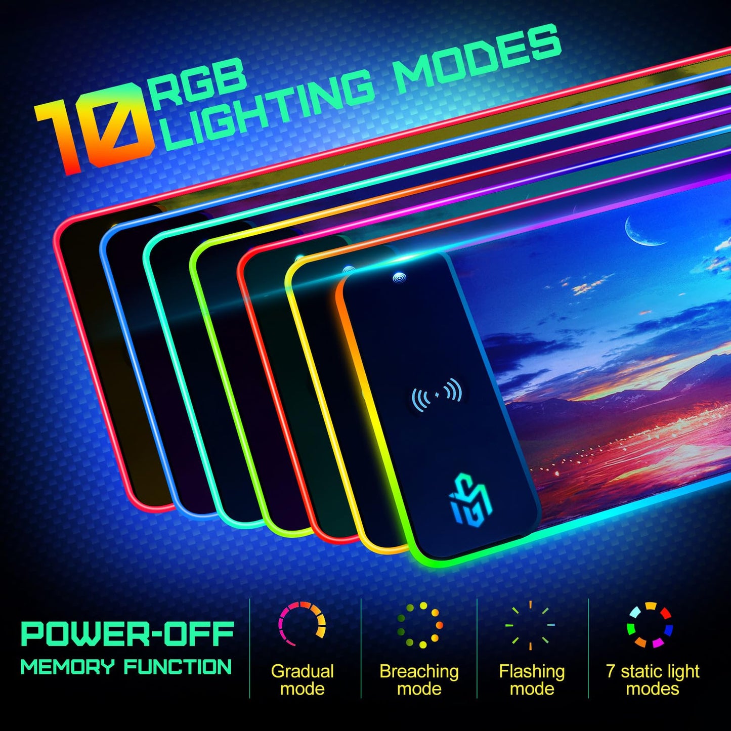 RGB Gaming Mauspad 15W Qi Mousepad LED, 10 Beleuchtungsmodi mit 15W Schnellladung Qi Kabelloses Laden für I-Phone Handy, Kopfhörer, Wasserdicht, rutschfest für Gaming, Schreibtische, PC und Büro