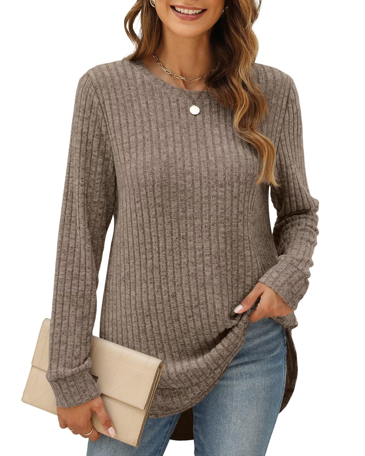 XIEERDUO Women's Pullover Sweater – Curved Hem Knit Sweatshirt