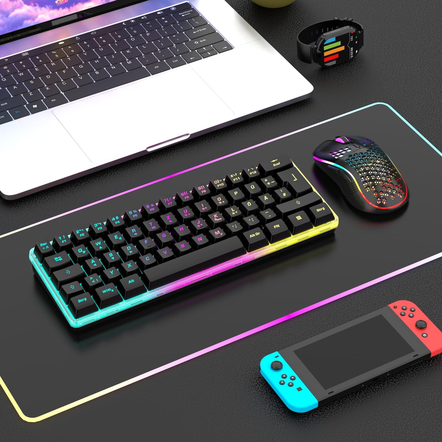 RedThunder 60% RGB Verkabelte Gaming Tastatur und Maus Set, Mini Gaming Tastatur, 62 Tastatur, DE Layout, Ultraleichte 7200 DPI Maus mit Wabenkonstruktion für PC MAC PS5 Xbox Gamer (Schwarz-Weiß)