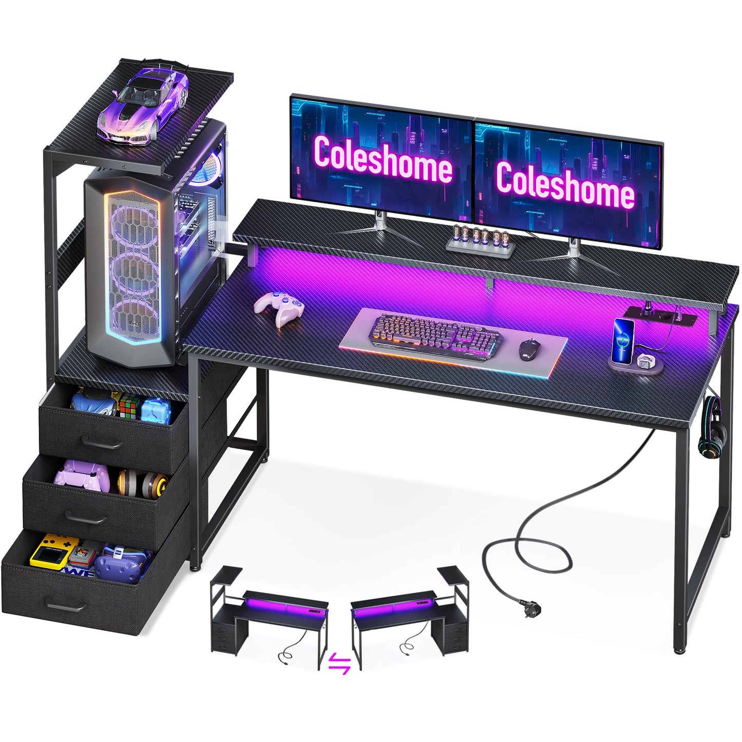 Coleshome Gaming Table with LED Lighting & Socket, Gaming Desk with Drawers, Computer Desk with Shelves & Monitor Stand, Carbon Fibre Black, 151 x 50 cm
