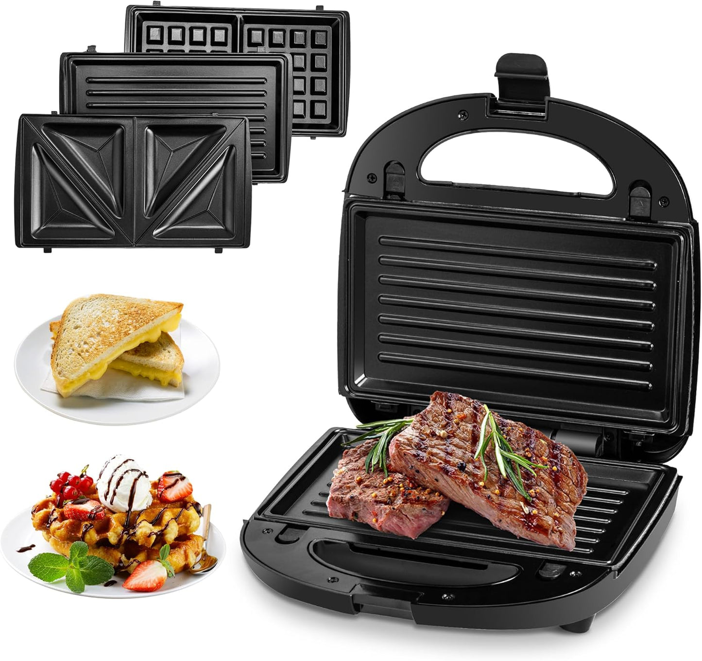 Pukomc 3-in-1 Sandwich Maker Antihaft-Panini-Presse, 850 W Grill, Tostadora De Pan Sandwichera, Herausnehmbare Grillplatten, Kontaktgrill, Waffeleisen, Doppelseitige Heizung, Schwarz