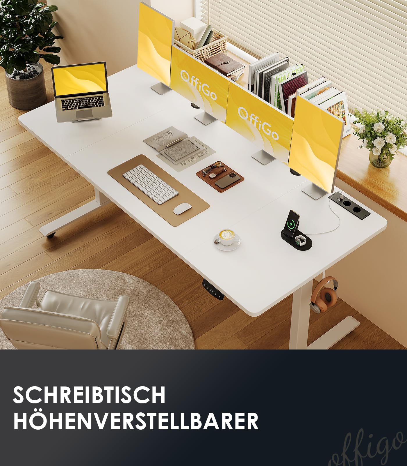 OffiGo Höhenverstellbarer Schreibtisch, 180cm, Elektrischer Schreibtisch mit USB, Schreibtisch Höhenverstellbar mit 2 Memory Funktion, Tisch Höhenverstellbar für Büro, Zuhause, Gaming, Schwarz
