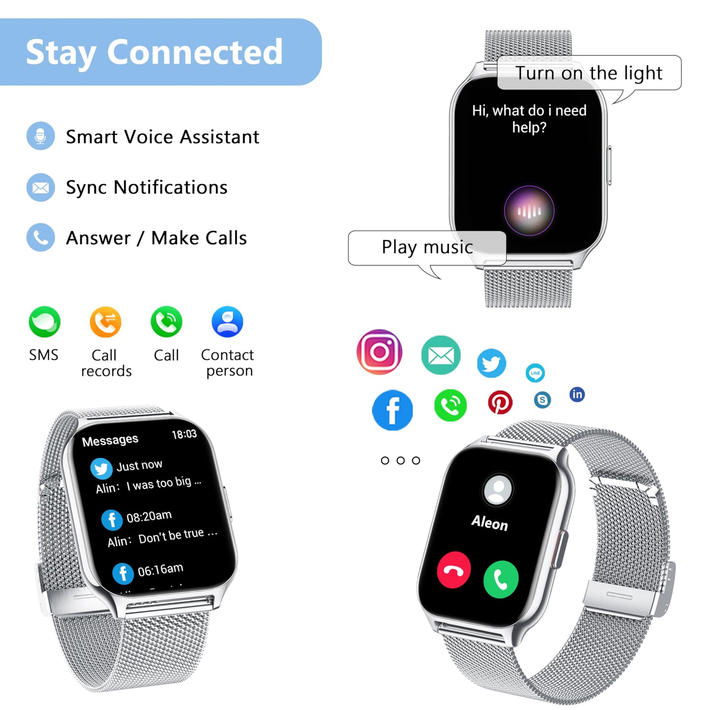 Narcid Smartwatch Damen Herren,2`Zoll mit Telefonfunktion/Sprachassistent/Message Reminder,Fitnessuhr Puls-Schlaf-Monitor,Schrittzähler Sportuhr für iOS/Android(2 Armbänder)