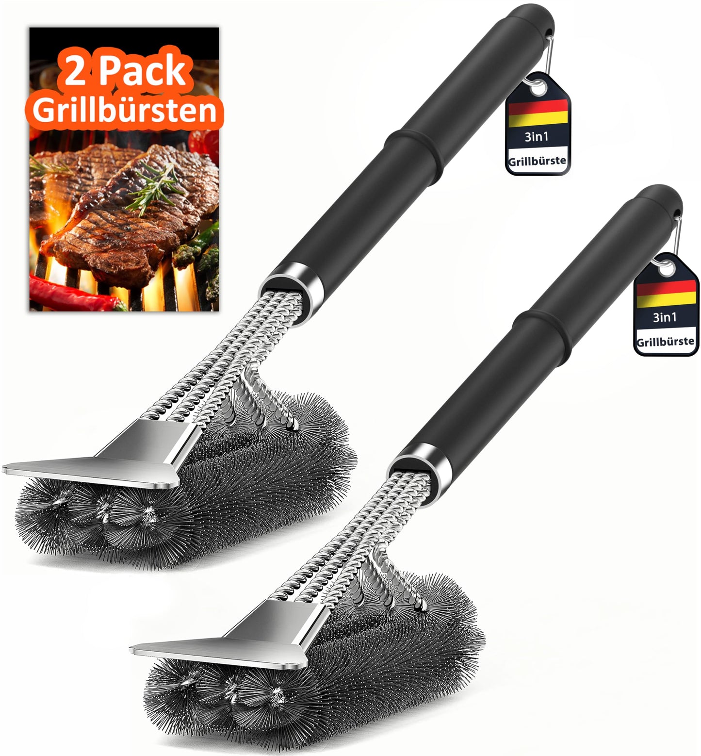 Grillbürste, TNTOR Grill Reinigungsbürste mit Extra Langer Edelstahl Borsten, Edelstahl Spatel und PP Wärmedämmung Griff, für Gasgrill, Holzkohlegrill, Kugelgrill, Elektrogrill und Grillrost.