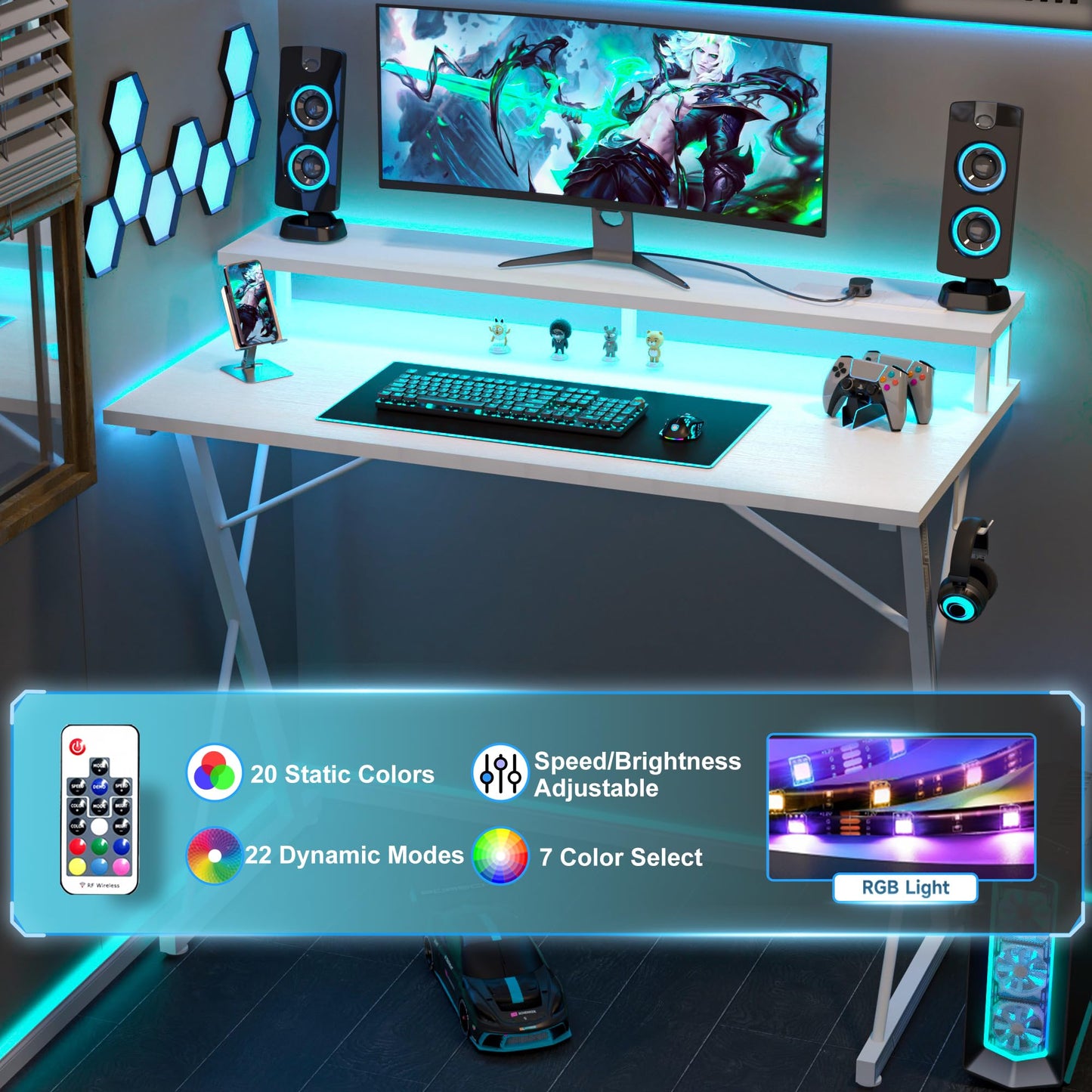 BEXEVUE Gaming Schreibtisch mit Steckdosenleiste LED – 100x50 cm Ergonomic Computer Gamer Tisch, Großer PC Monitorständer, Moderner X Rahmen, Kopfhörerhaken, Studium Arbeit Zuhause Schlafzimmer