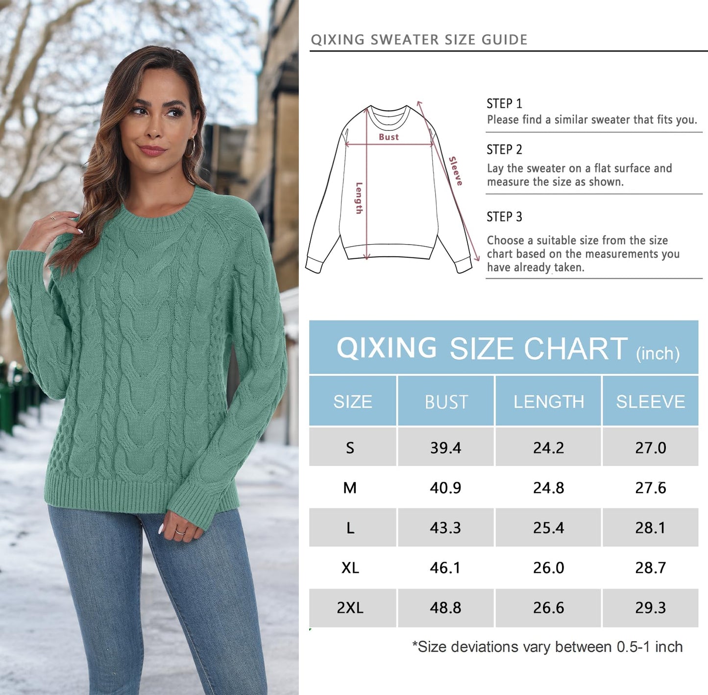 QIXING Women's Cable Knit Sweater – Elegant Long Sleeve Round Neck Winter Pullover
