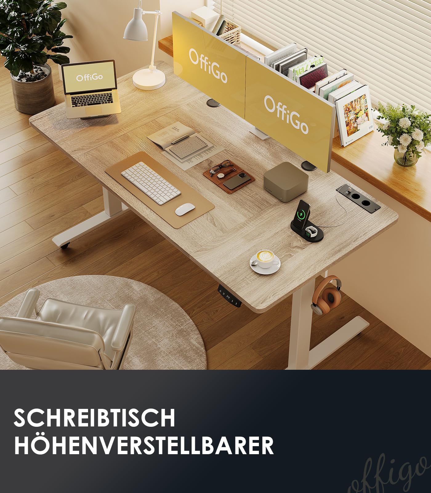 OffiGo Höhenverstellbarer Schreibtisch, 180cm, Elektrischer Schreibtisch mit USB, Schreibtisch Höhenverstellbar mit 2 Memory Funktion, Tisch Höhenverstellbar für Büro, Zuhause, Gaming, Schwarz
