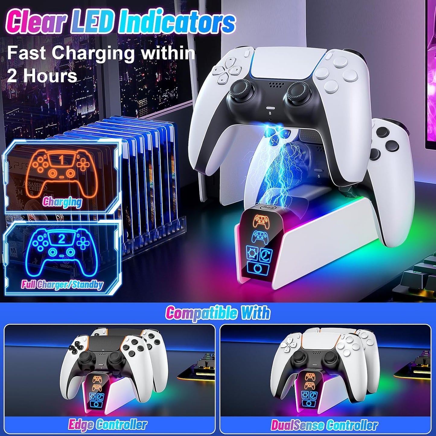 Fenolical Ladestation für DualSense PS5 & Edge Controller, Touch-Ladestation, Zeitgesteuerte, Multifunktionale Playstation5-Gaming-Ladestation mit frei Steuerbarer Beleuchtung