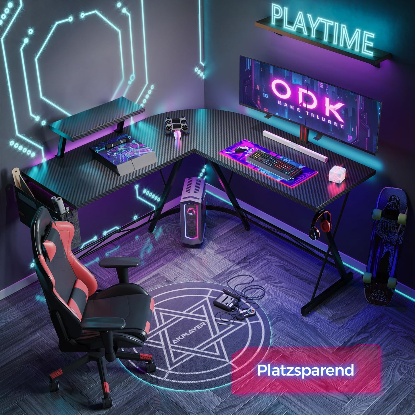 ODK Gaming Tisch, Gaming Schreibtisch Eckschreibtisch für Gamer, Schreibtisch L Form mit Monitorständer für Büro (Schwarz, 127 x 127 cm)