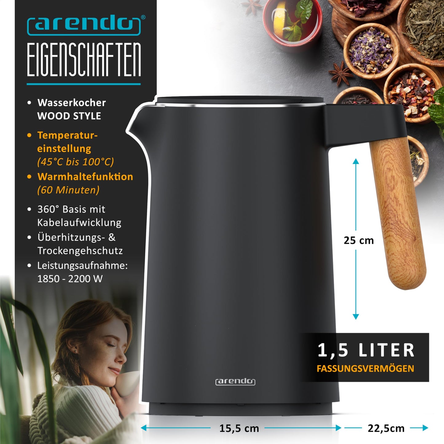 Arendo - Stainless Steel Kettle with Temperature Setting - 45°C-100°C - 1.5 Litre - Double Wall - BPA Free - Keep Warm Function - Tea Maker with Temperature Indicator - Cool Touch Handle - Black