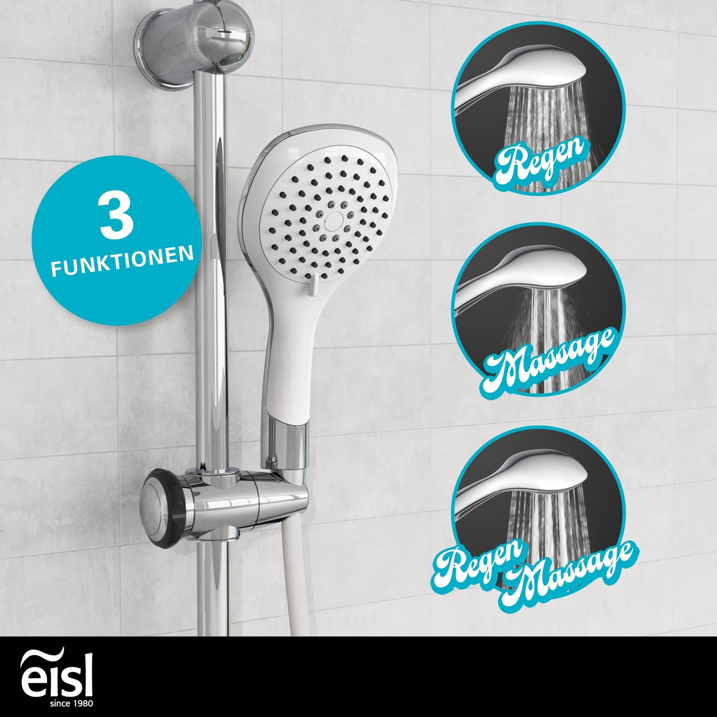 EISL Duschset EASY FRESH, Duschsystem ohne Armatur 2 in 1 mit großer Regendusche (250 x 200 mm) und Handbrause, Regendusche ohne Armatur ideal zum Nachrüsten, komplettes Montageset, Chrom DX12006