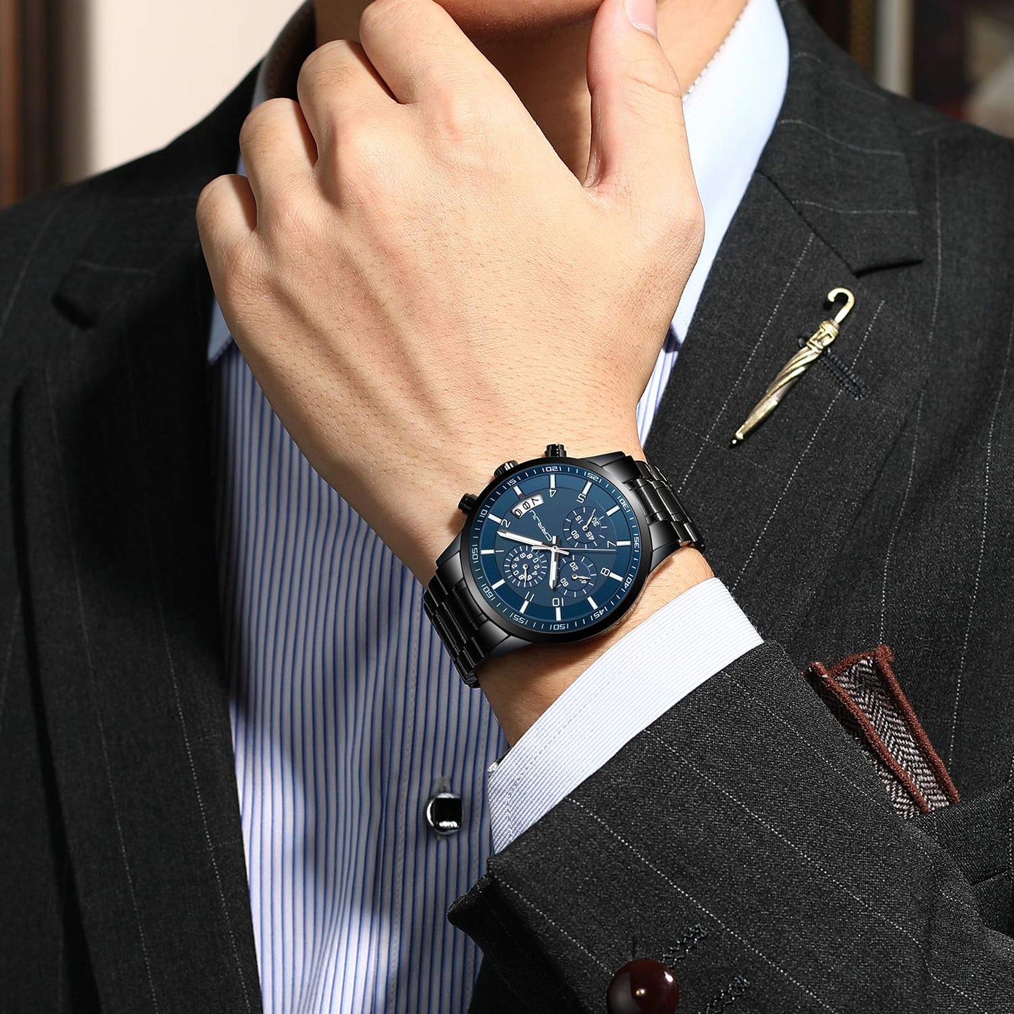 CRRJU Herren Uhr Business Edelstahl wasserdichte Chronographen mit Kalender Armbanduhr Edelstahlband Stoppuhr Analog Quarzuhr