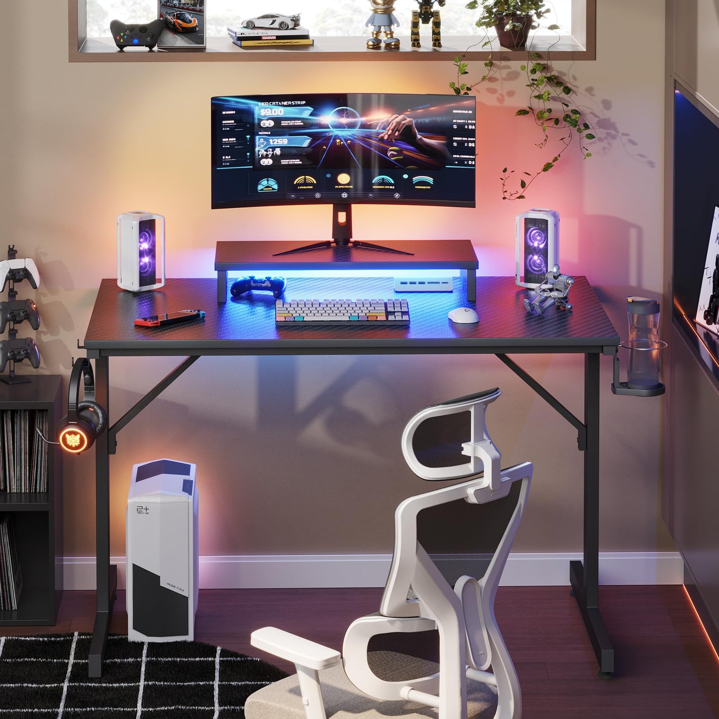 Bestier Kleiner Gaming-Schreibtisch 106,6 cm LED Computerschreibtisch mit Monitorständer, Gamer-Arbeitsstation mit Becherhalter & Headset-Haken für Home-Office, Schlafzimmer, kleine Räum