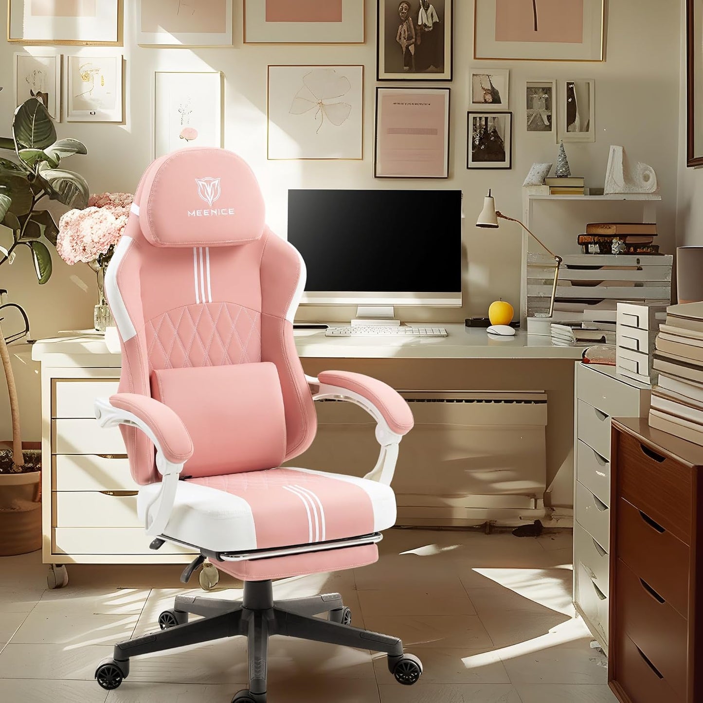MEENICE Gaming Stuhl mit Kühlung Gel,Gaming Sessel, Ergonomischer Game Stuhl Hohe Zurück Himbeerrosa
