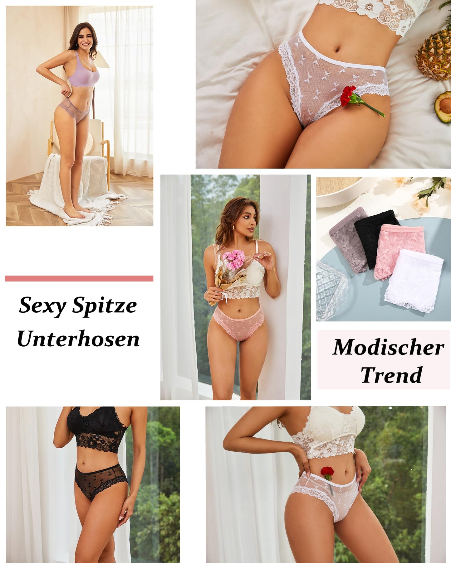 Women's Lace Brazilian Briefs Pack of 6 Seamless Sexy Hipster Underwear (S–XL)