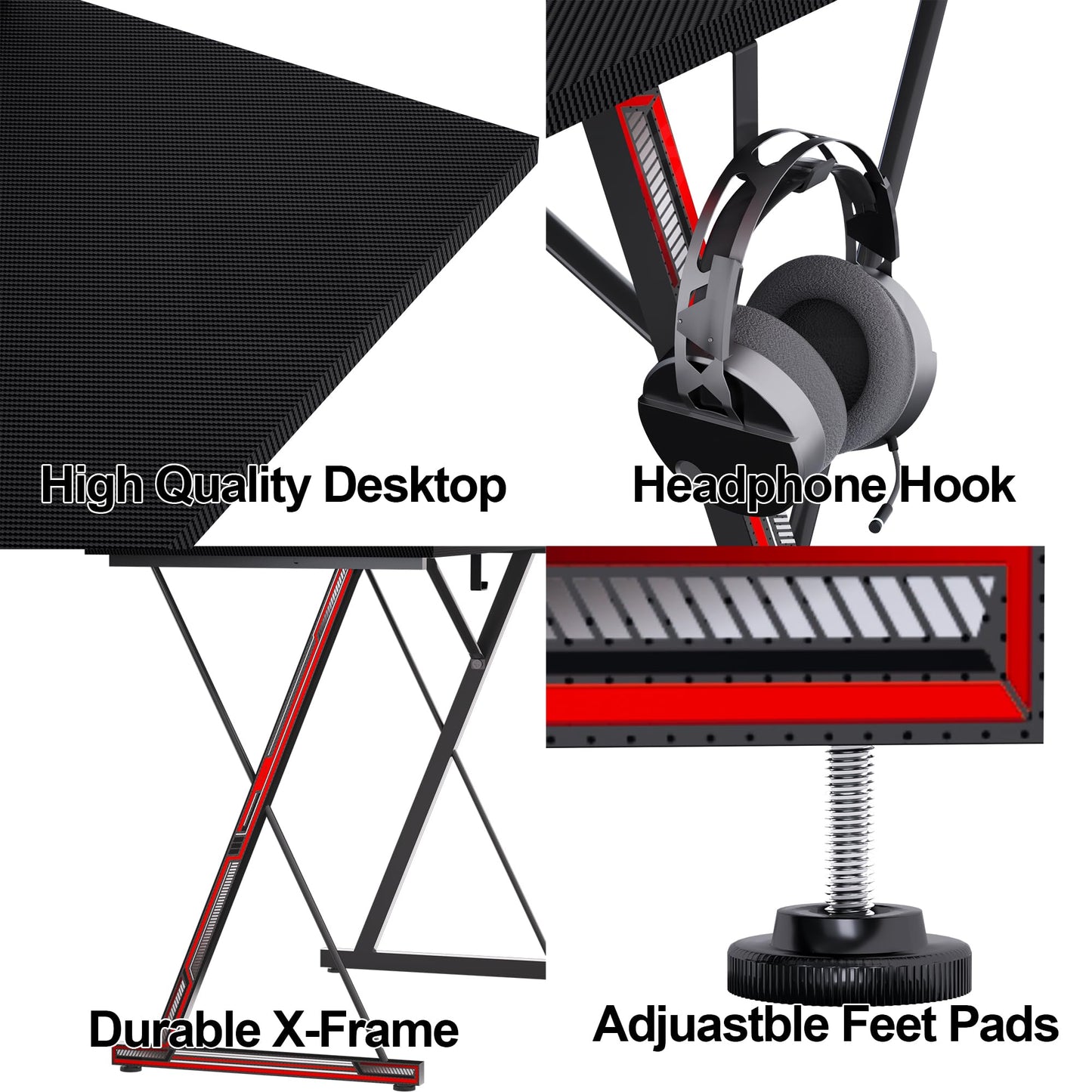 BEXEVUE Gaming Schreibtisch mit Steckdosenleiste LED – 100x50 cm Ergonomic Computer Gamer Tisch, Großer PC Monitorständer, Moderner X Rahmen, Kopfhörerhaken, Studium Arbeit Zuhause Schlafzimmer