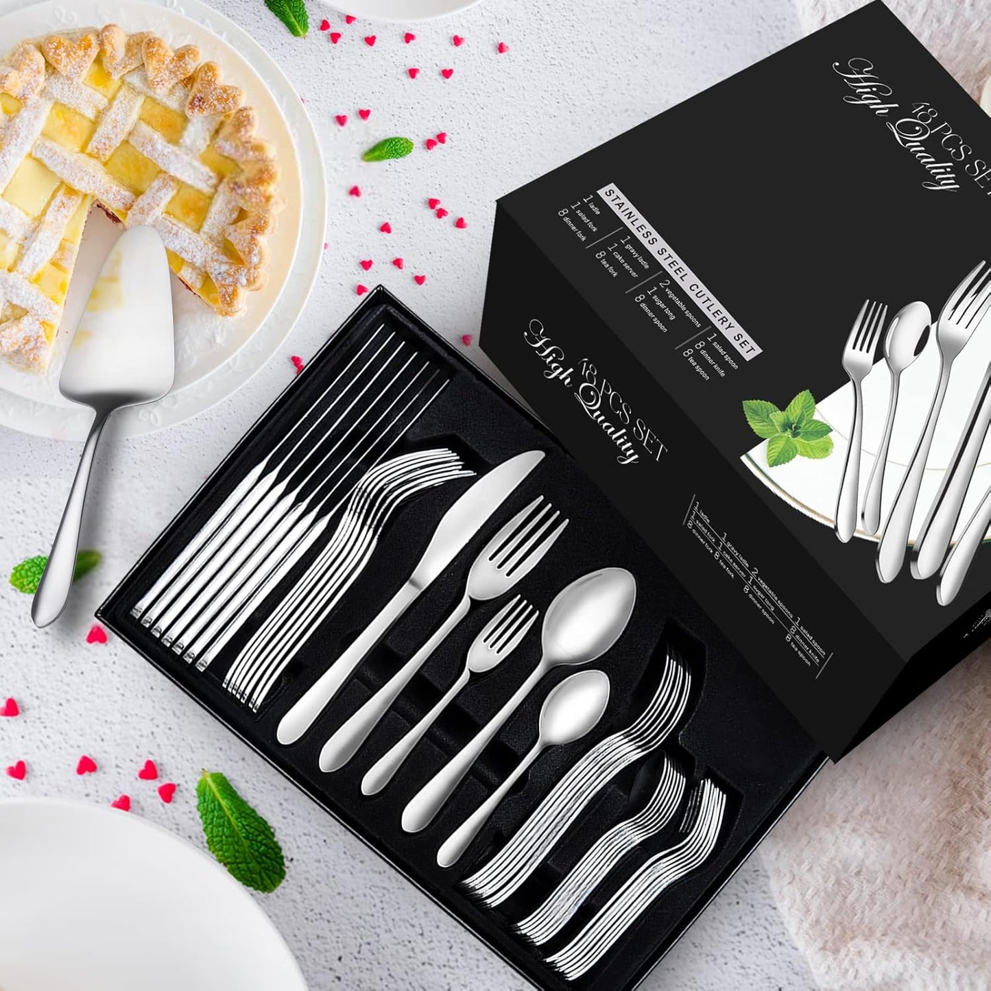 48 teiliges Besteck Set 8 Personen, Edelstahl Besteckset mit Servierbesteck, Essbesteck mit Gabeln Messer Löffel Servierset, poliert, Spülmaschinenfest