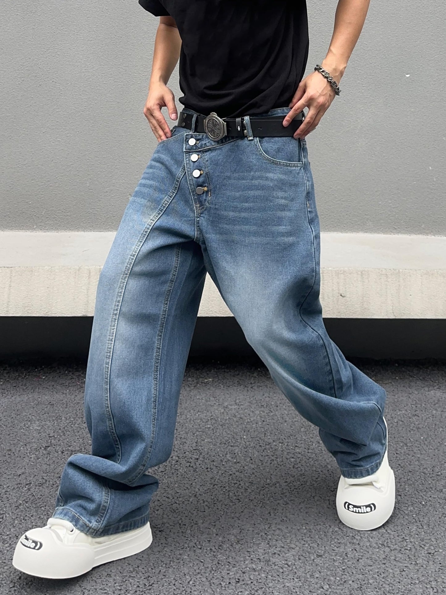 Zewool Men’s Diagonal Button Baggy Jeans