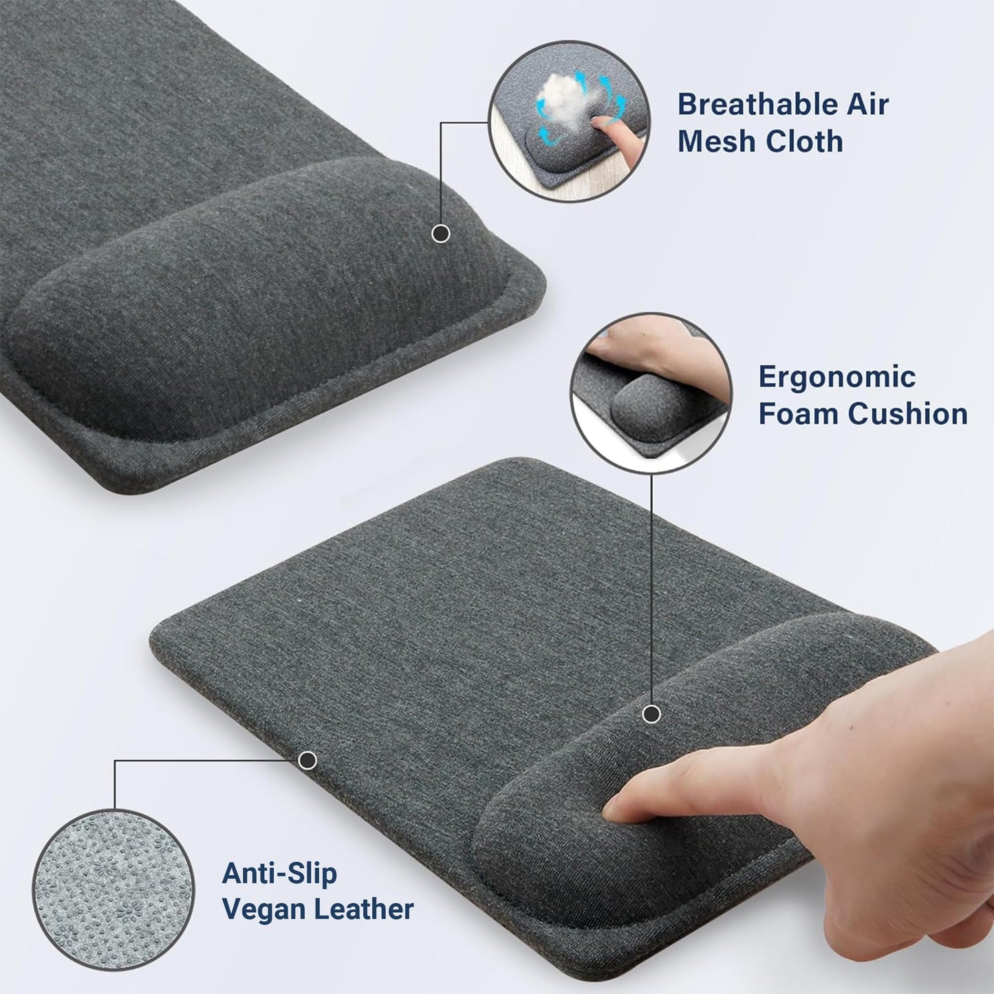 SenseAGE Mauspad mit Handauflage | Mousepad mit Kissen für Alle Maus | ergonomisch Mausunterlage gegen Handgelenkschmerzen für Büro/Homeoffice | Grau (225 x 155 mm)