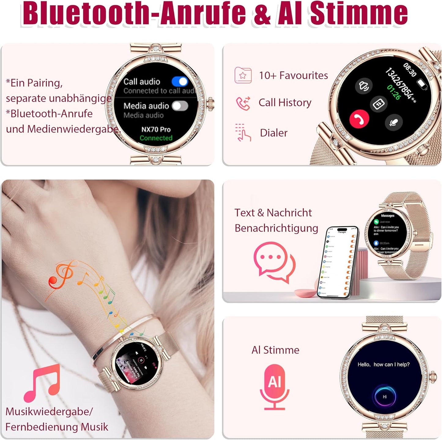 Smartwatch Damen mit Telefonfunktion 1.19" AMOLED Touchscreen IP68 Diamond Smart Watch mit Blutdruckmessung Pulsmesser Schlafmonitor SpO2 Menstruationszyklus für iOS Android (Rosegold)