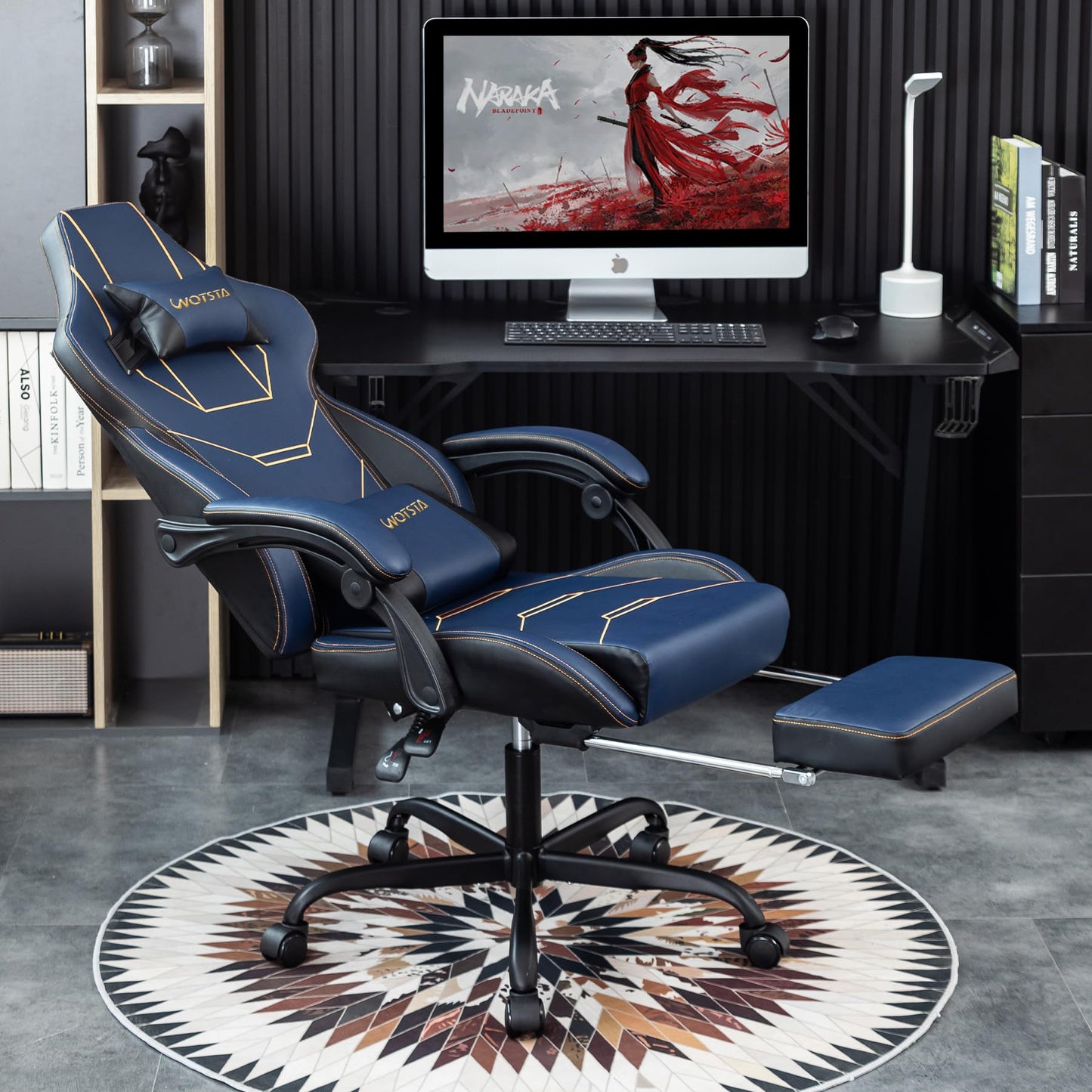 WOTSTA Gaming Chair Ergonomic Gaming Chair Office Chair with Footrest Racing Computer Chair Height Adjustable Padded Computer Chair Lumbar Support Blue