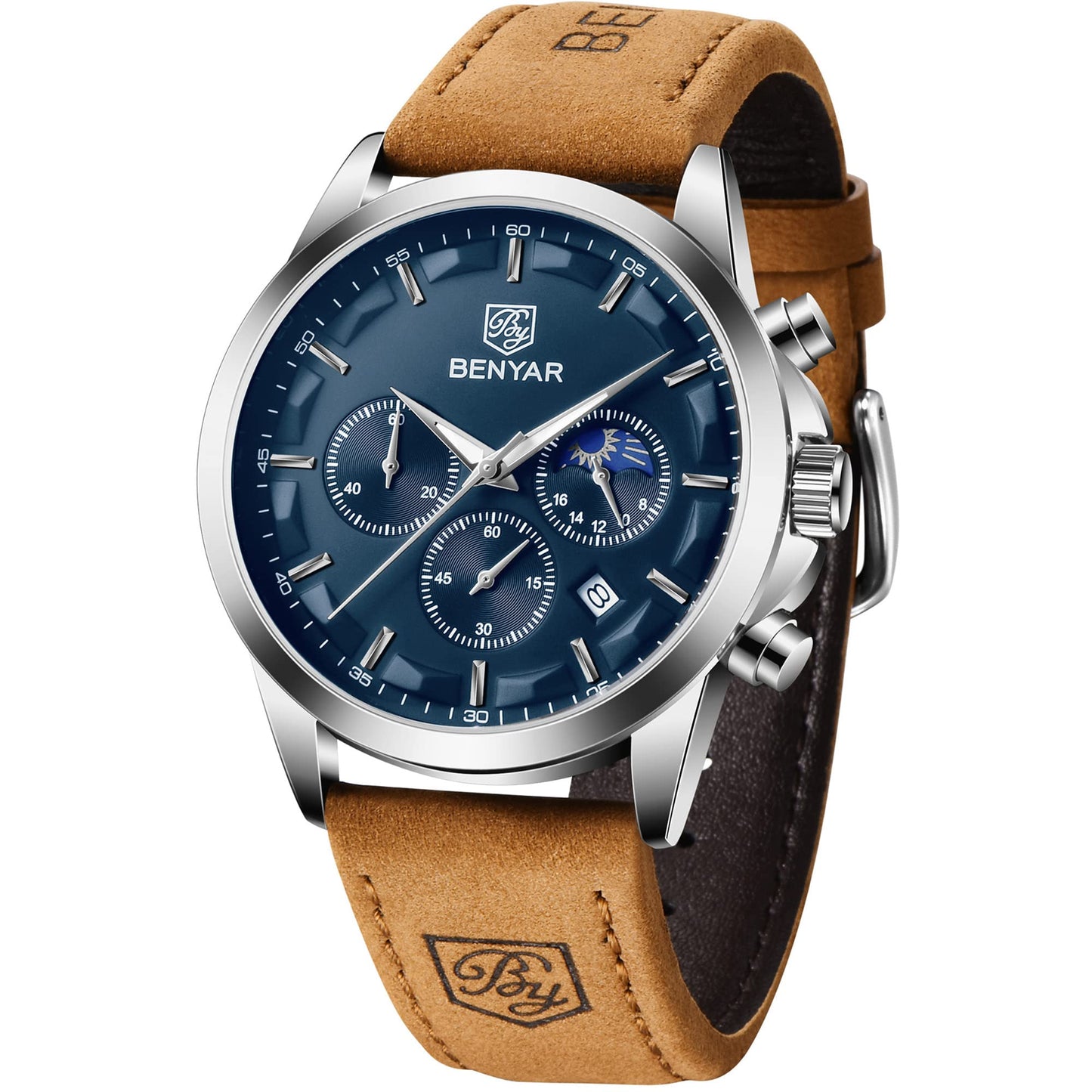 BY BENYAR Uhren Herren Chronograph Analog Quarz Wasserdicht Armbanduhr Herren Mode Lässig Business Herrenuhr mit Kalender Lederarmband/Edelstahlarmband Uhr Geschenk für Männer