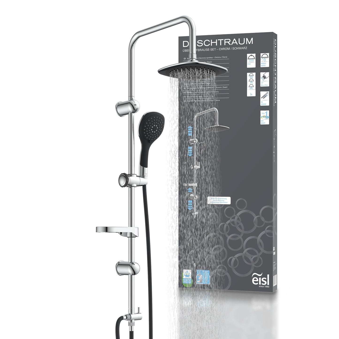 EISL Duschset EASY FRESH, Duschsystem ohne Armatur 2 in 1 mit großer Regendusche (250 x 200 mm) und Handbrause, Regendusche ohne Armatur ideal zum Nachrüsten, komplettes Montageset, Chrom DX12006