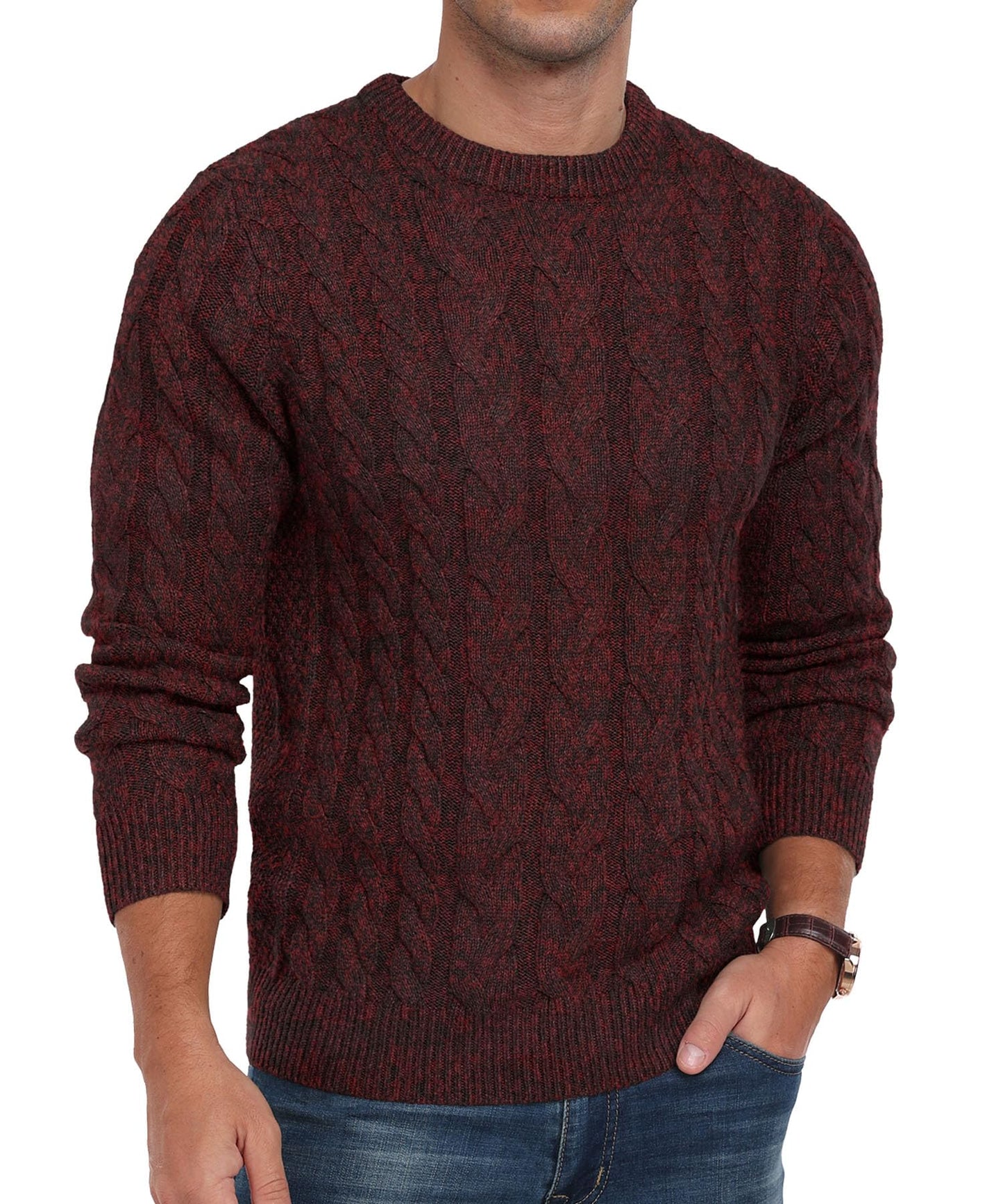 QIXING Men’s Cable Knit Sweater – Chunky Crewneck Pullover