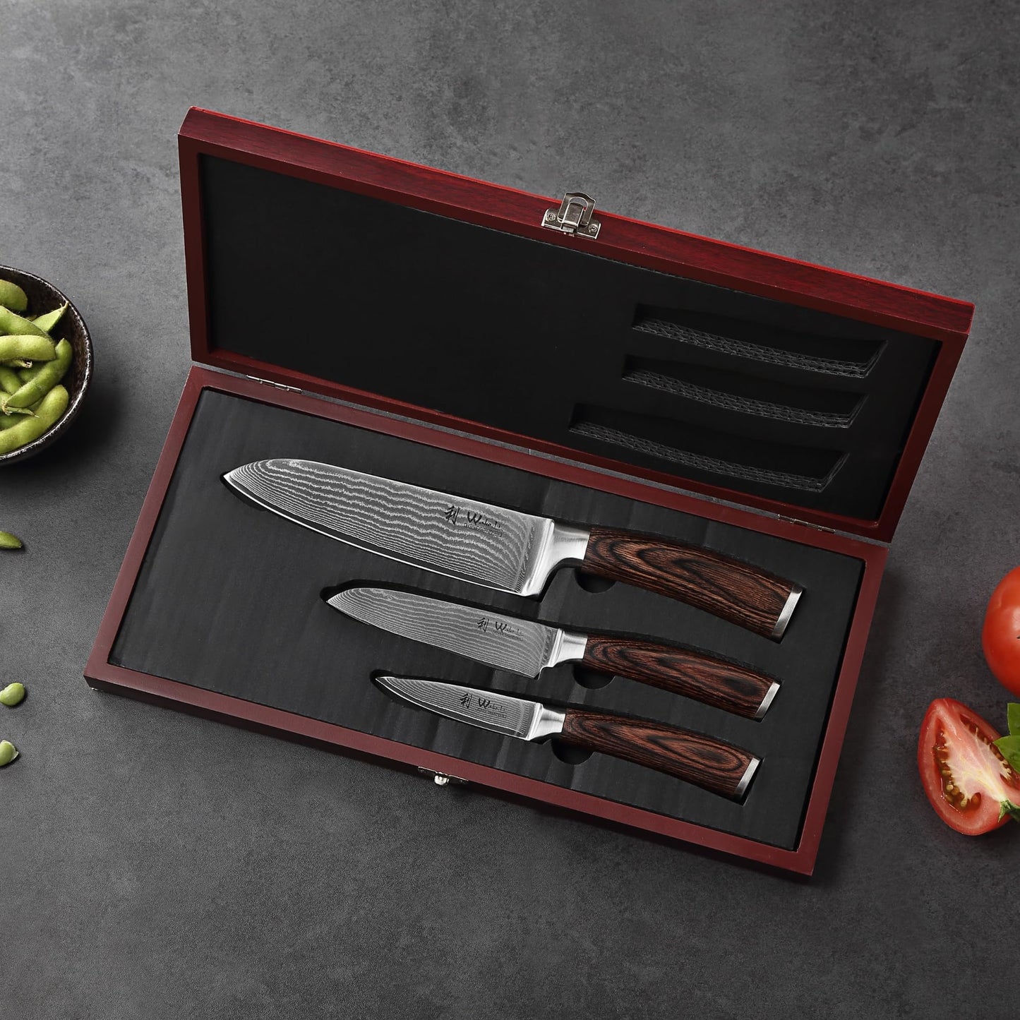 Wakoli EDIB 3er Damastmesser Set mit 8-17cm Klingen gefertigt aus 67 Lagen echtem Damaststahl mit Pakkaholzgriff in Holzbox I Premium Messerset Damast & Profi Küchenmesser