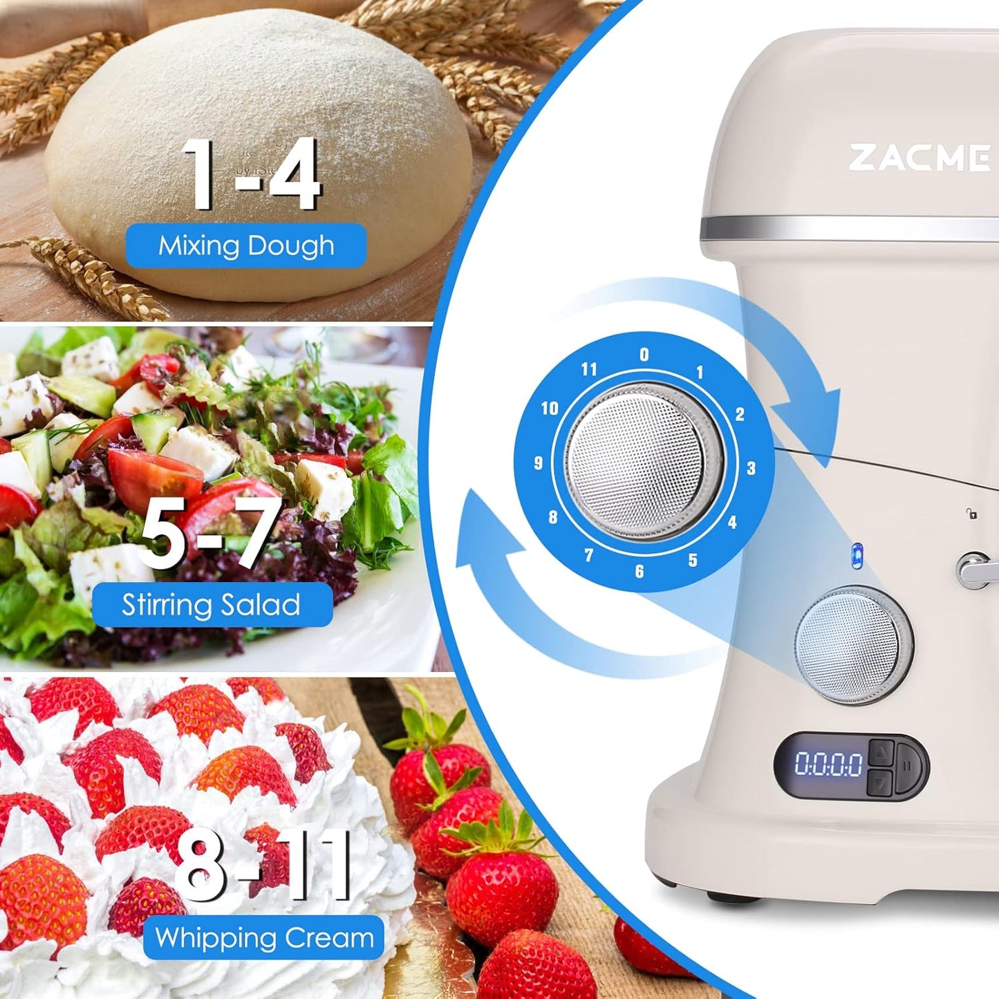 ZACME Profi Küchenmaschine Knetmaschine Aluminiumgussgehäuse(1500W),7L Edelstahlschüssel Teigmaschine mit LED-Touchscreen,Geräuscharme Rührmaschine,3 Rühraufsätze und Spritzschutz,11 Geschwindigkeit
