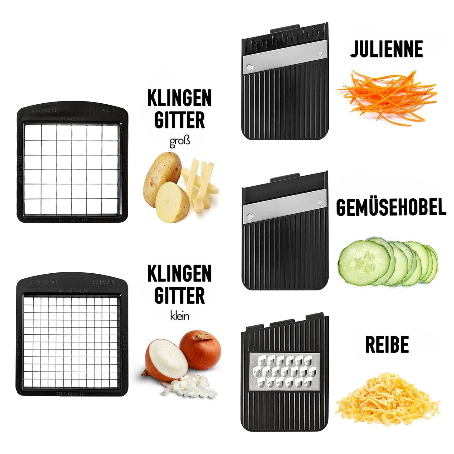 Gemüseschneider Mandoline Gemüsehobel - Gemüse Schneider Gurkenhobel Zwiebelschneider Kartoffelschneider Obstschneider - Reibe für Gemüse und Käse - Julienneschneider (6-in-1 Kompakt Weiß)