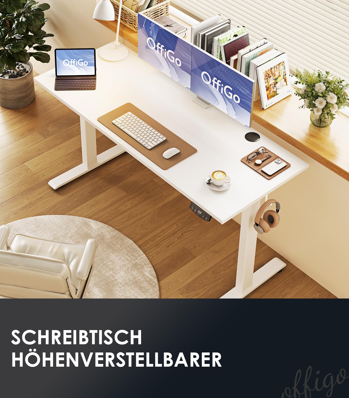 OffiGo Höhenverstellbarer Schreibtisch, 120 cm Elektrischer Schreibtisch, Ergonomischer Tisch mit Memory-Funktion, Gaming Tisch Höhenverstellbar, Moderner Computertisch für Zuhause und Büro, Weiß