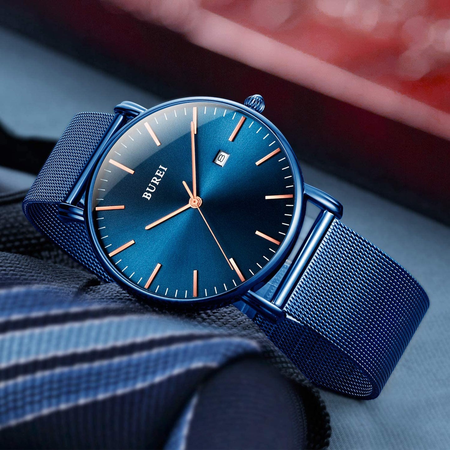 BUREI Ultra Dünne Uhren Herren Schwarze Analoges Datum Armbanduhr Herren mit Japanisches Quarzwerk, Geschenke für Männer
