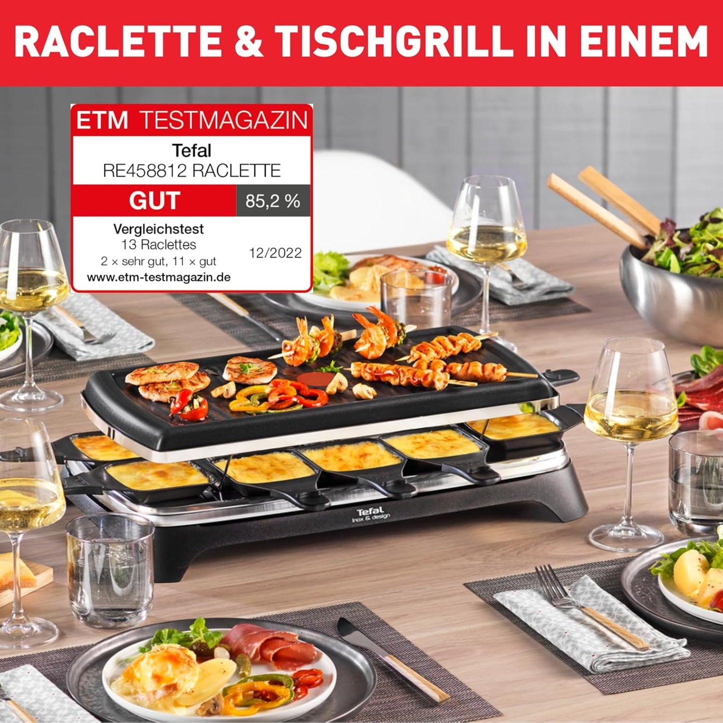 Tefal Raclette Grill Ambiance, Raclette 10 Personen, inkl. Tischgrill-Funktion, Grillplatte antihaftbeschichtet + spülmaschinengeeignet, abnehmbares 2 Meter-Kabel, schwarz, Edelstahl, 1350W, RE4588