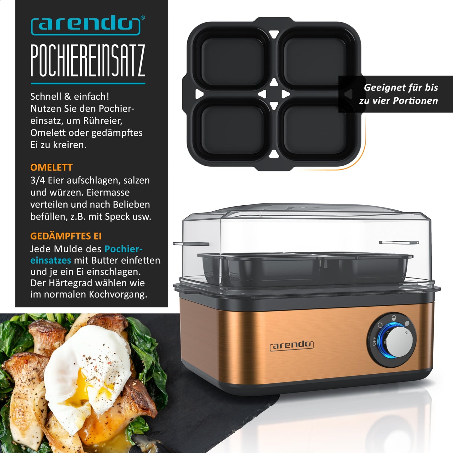 Arendo - Eierkocher Edelstahl für 1 bis 8 Eier - Egg Cooker - 500 W – Kontroll Leuchte – Drehregler für drei Härtegrade - spülmaschinengeeignet | Cool Grey