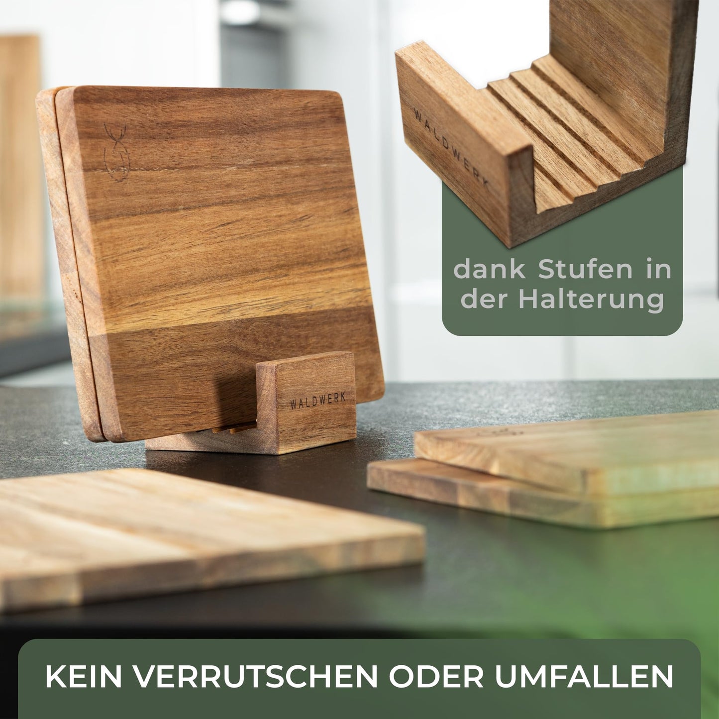WALDWERK Set of 3 Solid Acacia Chopping Boards (40 x 30 cm / 33 x 24 cm / 26 x 18 cm), with Board Stand, 2 cm Thick Wooden Boards with Juice Groove, Designer Chopping Board Set