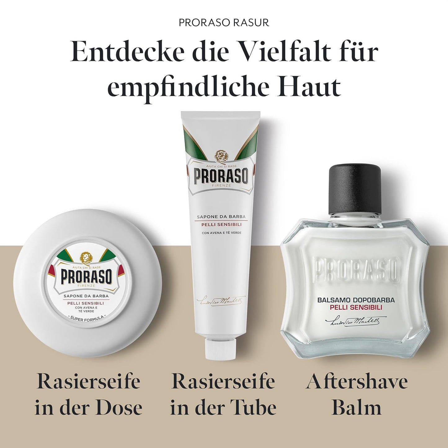 Proraso Shaving Soap inklusive Seifenschale, 150 ml, hautschonende Rasierseife für Herren mit Grünem Tee & Hafer, Rasiercreme für sensible Haut, Made in Italy, Weiss