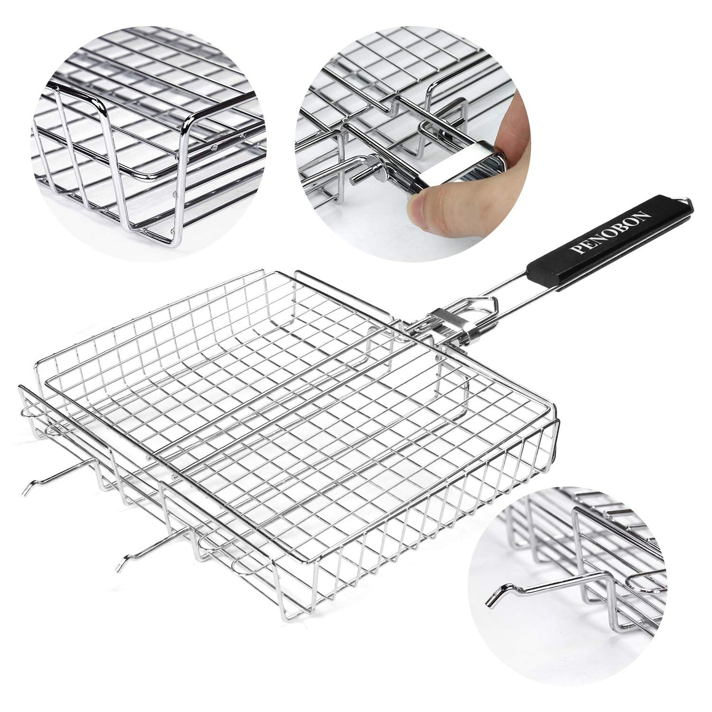 penobon Fisch-Grillkorb, faltbar, tragbarer Edelstahl-Grillkorb für Fischgemüse, Garnelen mit abnehmbarem Griff, mit Backpinsel und Aufbewahrungstasche (Tipo 1)