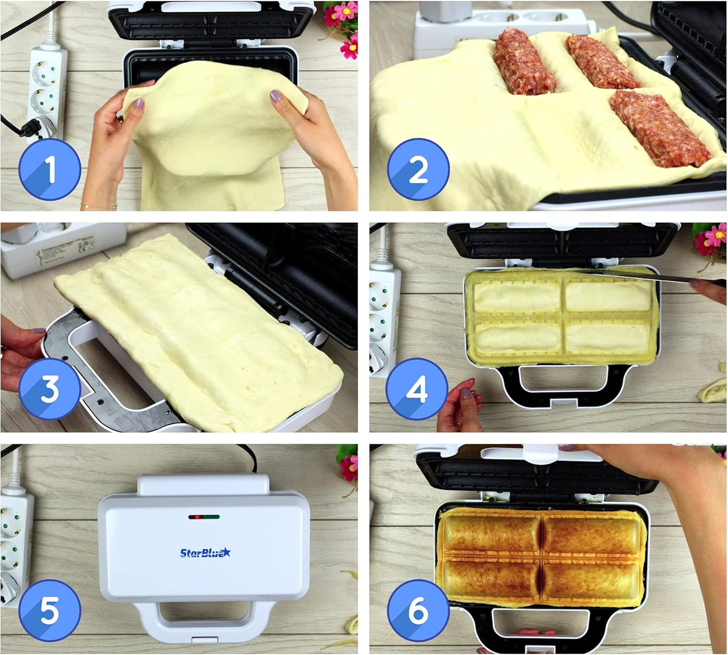 Wurstrollenformer von StarBlue mit GRATIS Rezept-eBook – Machen Sie 4 schnelle und leckere Frühstückswurstbrötchen und Snacks in Minuten, 220-240 V, 50/60 Hz, 850 W UK Stecker mit EU Adapter
