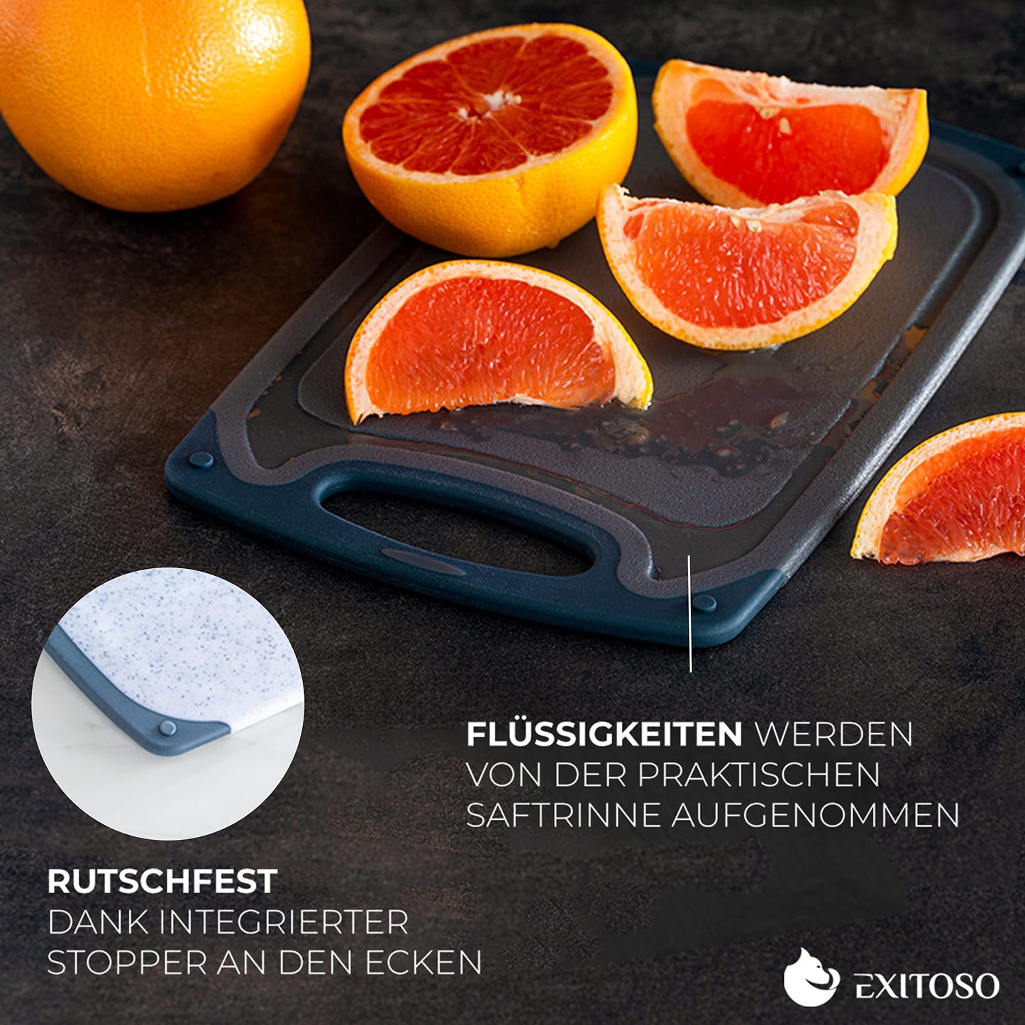 Exitoso 3-Piece Innovative Chopping Board Set | Non-Slip with Juice Groove and Handle | Dishwasher Safe | Antibacterial | Grey/Black Plastic
