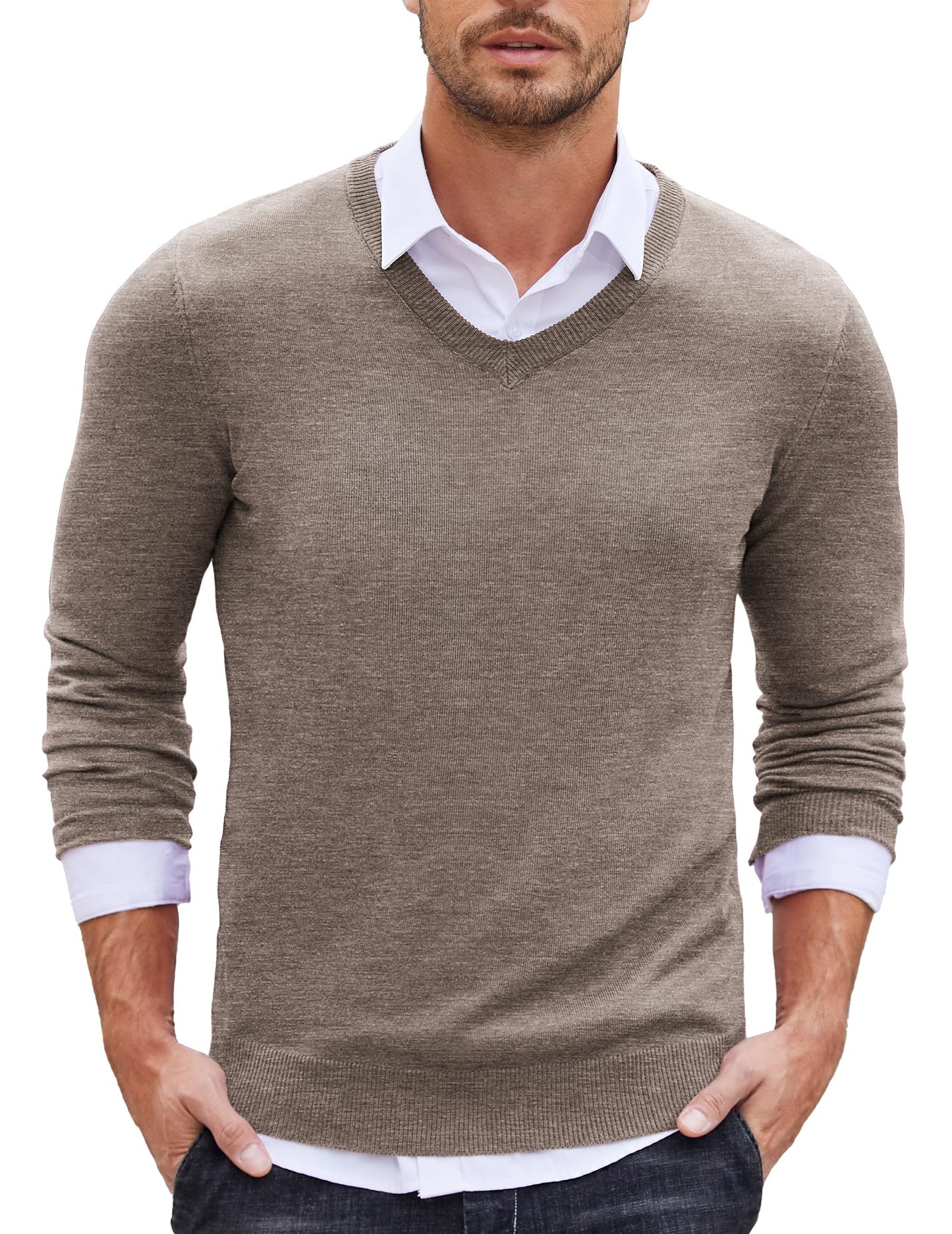 COOFANDY Men’s V-Neck Knit Sweater – Classic Long Sleeve Pullover