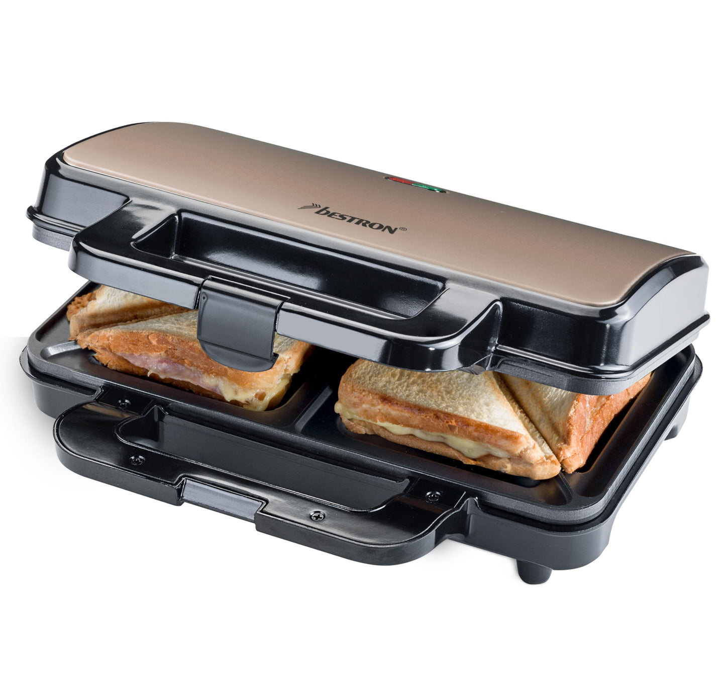 Bestron XL Sandwichmaker, Antihaftbeschichteter Sandwich-Toaster für 2 Sandwiches, inkl. automatischer Temperaturregelung & Bereitschaftsanzeige, 900 Watt, Farbe: Schwarz/Kupfer