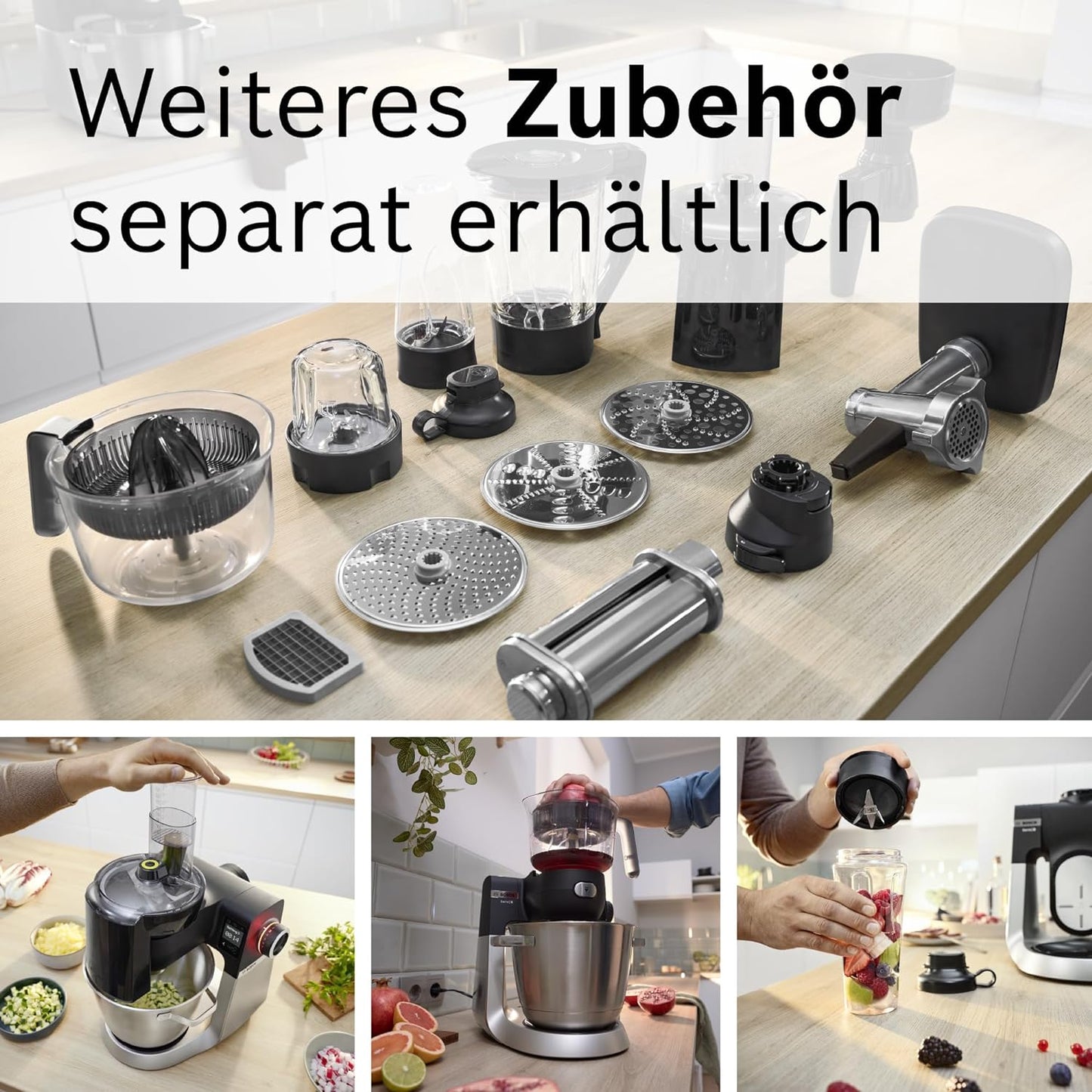 Bosch Küchenmaschine Serie 6 MUMS6ZS13D, NEU, Automatikprogramme, integr.1g Waage, 5,5l Schüssel, Durchlaufschnitzler, Scheiben, Knethaken/Rührbesen/Silikonbesen, spülm.fest, 1.600 W, silber/schwarz