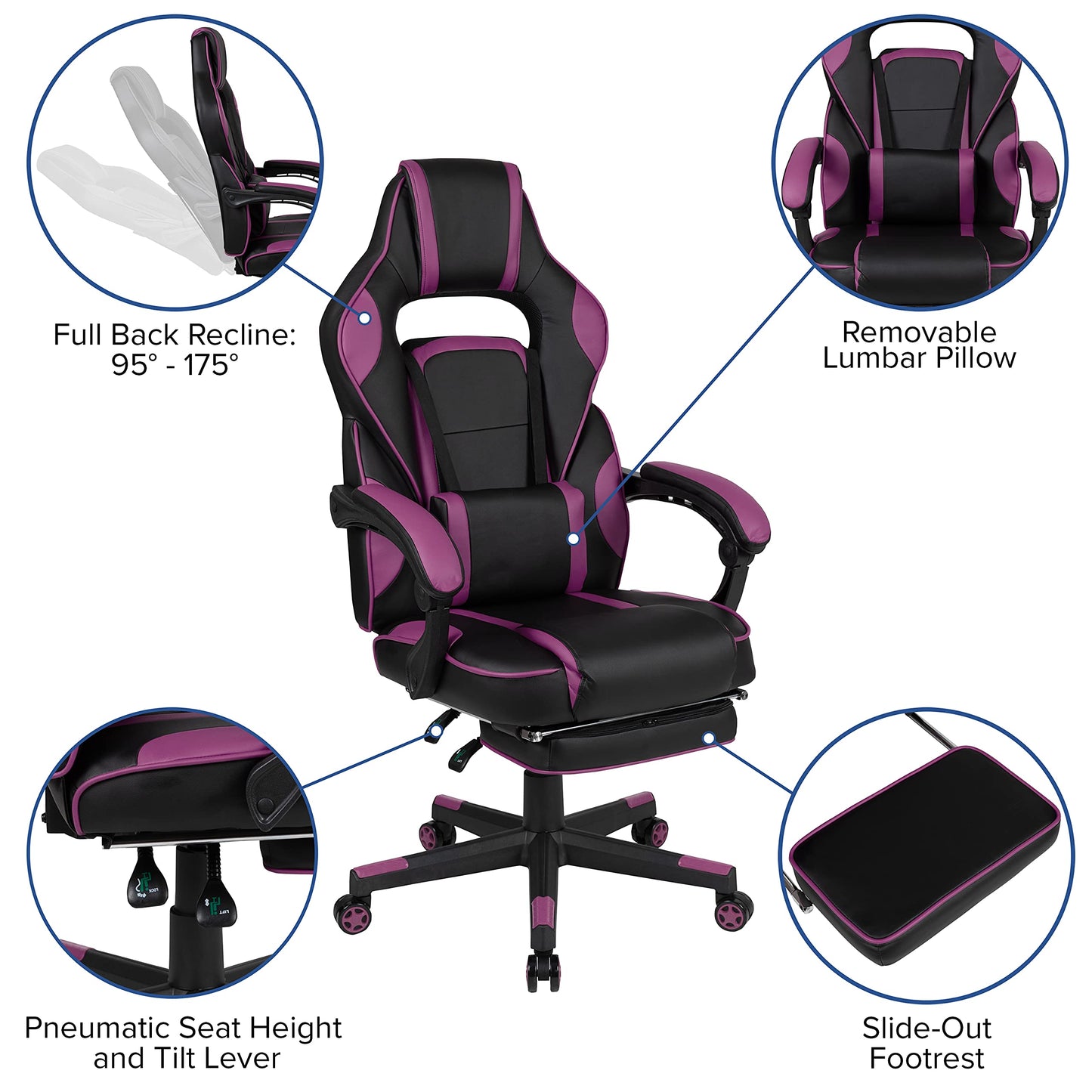 Flash Furniture X30 Gaming-Stuhl, ergonomischer Bürostuhl für PC- und Gaming-Setups, verstellbarer Rennsport-Stuhl mit vollständig verstellbarer Rückenunterstützung, schwarz mit weißer Verzierung