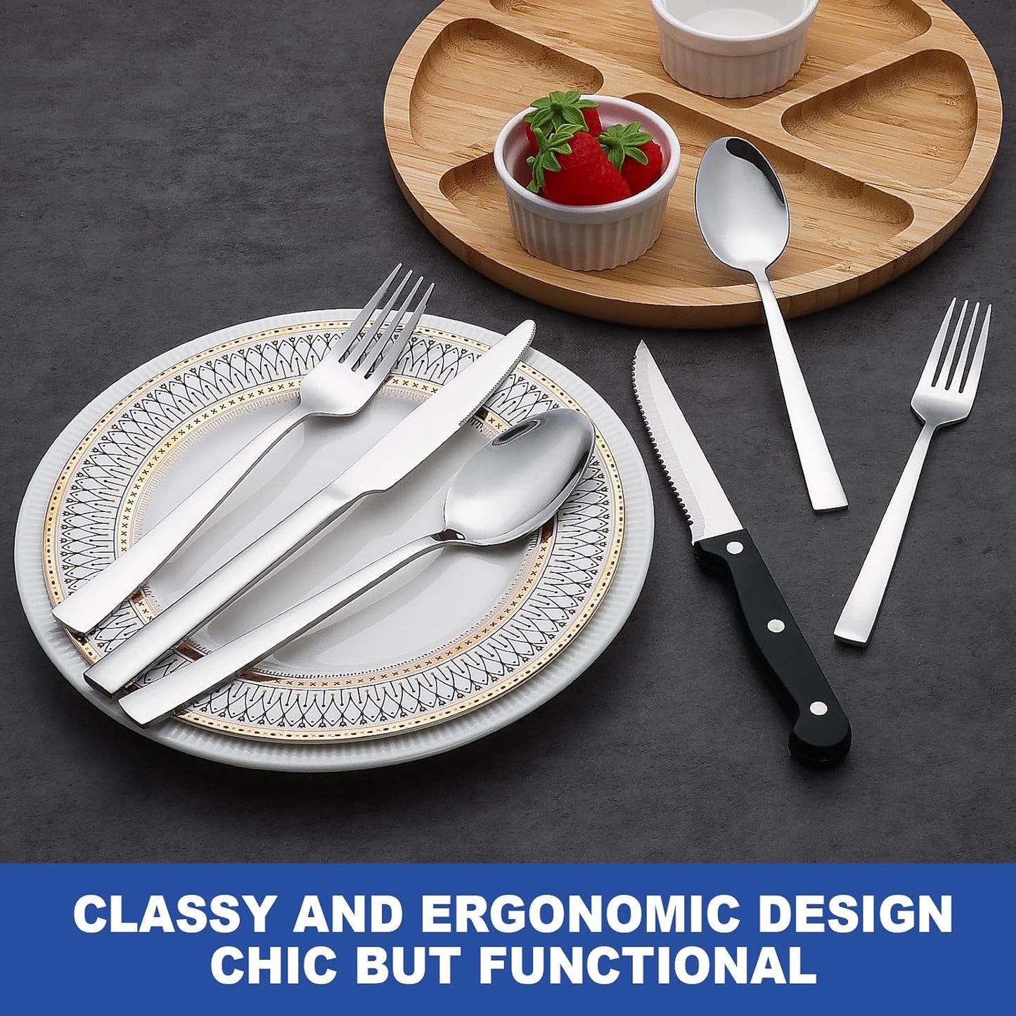 Besteck Set 36-teiliges für 6 Personen, Wildone Premium Edelstahl hochglanzpoliertes Besteck-Set, langlebiges für die Küche zu Hause, inklusive Gabel-Messer-Löffel-Set