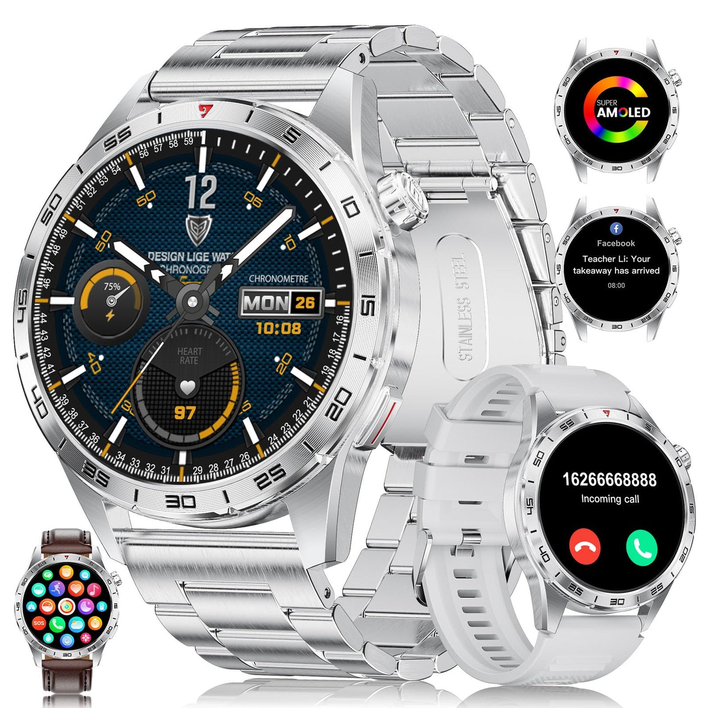 LIGE Smartwatch Herren mit 400mAh Lange Akkulaufzeit für Android iOS,1.43'' Amoled Display,110+ Sportmodi,Bluetooth-Anrufe,IP68 Wasserdicht Fitnessuhr mit Herzfrequenz, SpO2, Schlafmonitor,3 Armbänder