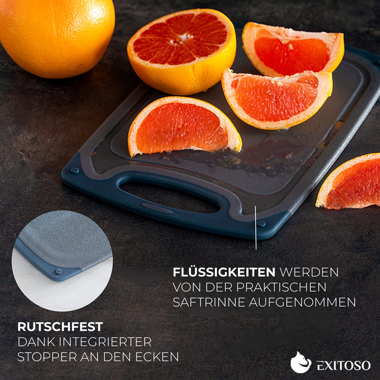 Exitoso 3-Piece Innovative Chopping Board Set | Non-Slip with Juice Groove and Handle | Dishwasher Safe | Antibacterial | Grey/Black Plastic